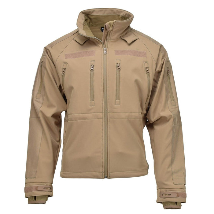 Veste de randonnée softshell MIL-TEC coyote avec fermetures éclair anti-tempête, doublure en polaire et poignets réglables pour une utilisation en extérieur