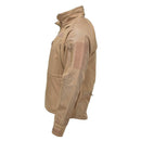 Side view of MIL-TEC coyote soft shell hiking jacket with zippered pockets and reinforced fabric