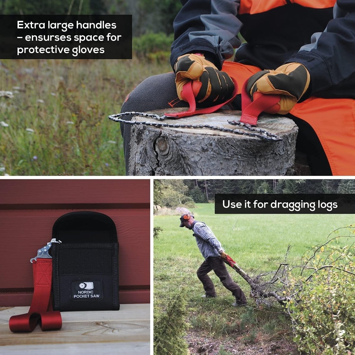 NORDIC POCKET SAW Compact portable emergency camping hand chainsaw red handles