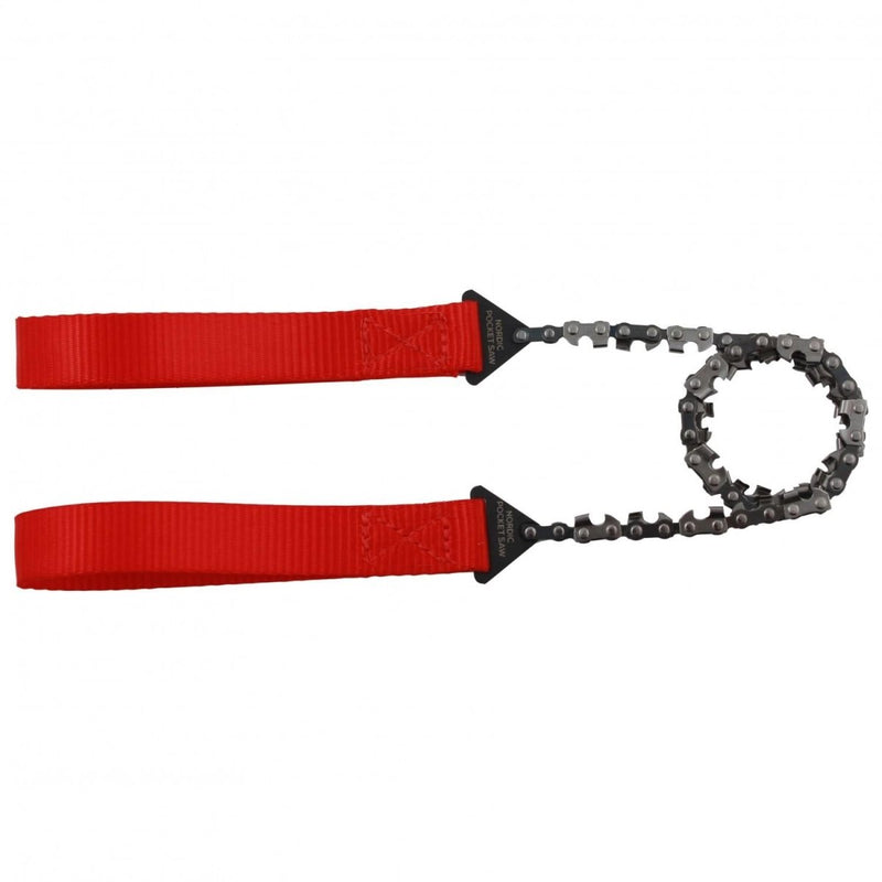 Compact Nordic Pocket Saw with red nylon handles and heat-treated steel chain for portable outdoor woodcutting.