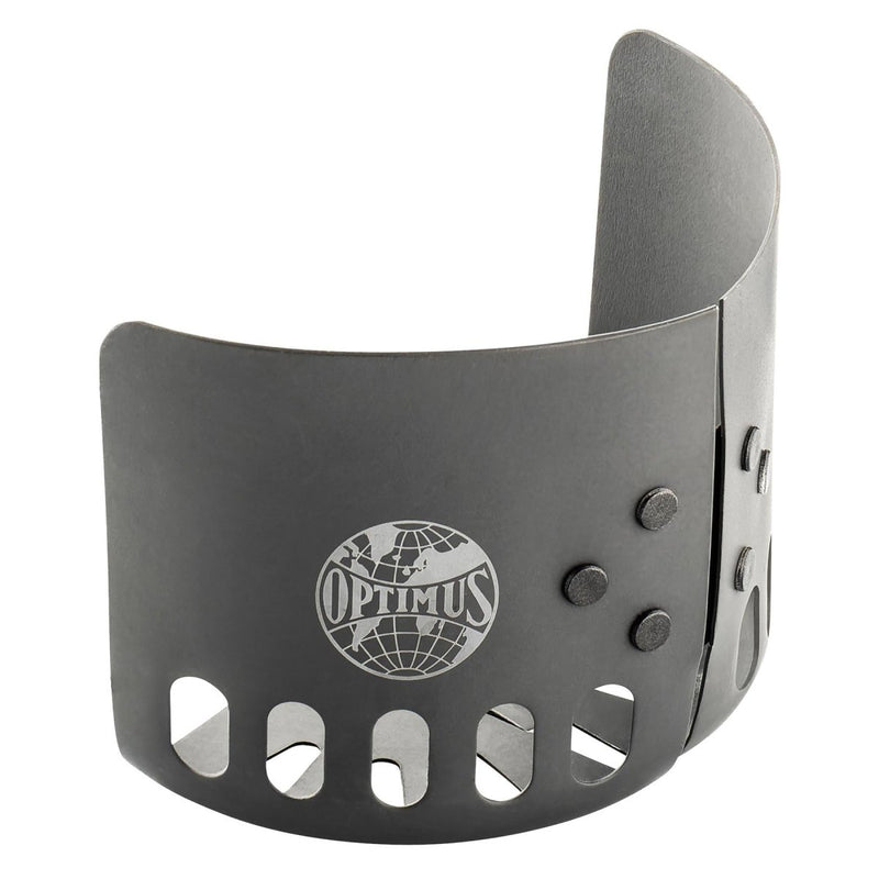 Optimus Elektra FE camping stove windshield in black metal with ventilation slots and logo for outdoor cooking
