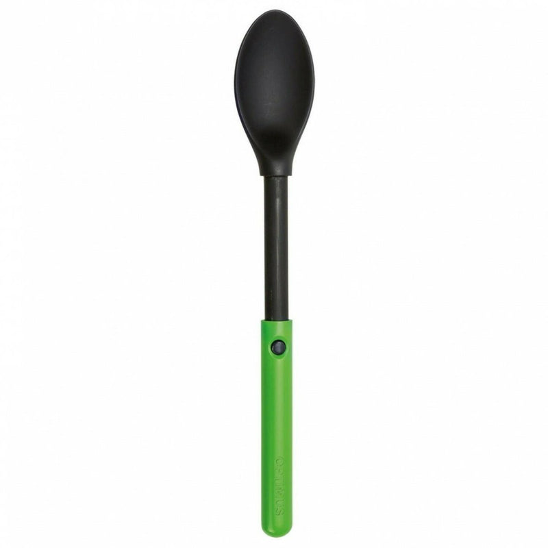 Lightweight extendable camping spoon with green handle and black titanium alloy bowl for hiking and backpacking use.