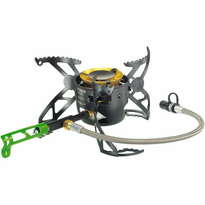 Réchaud d'extérieur multi-combustible compact et léger Optimus Nova avec contrôle de flamme réglable et support de casserole pour le camping.