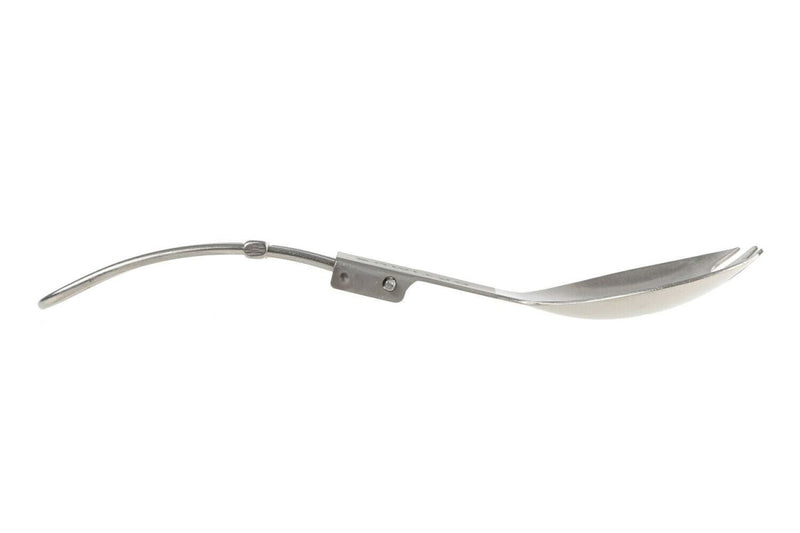 Folded titanium spork with a curved handle, designed for lightweight hiking and camping use.