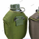 Original Norwegian military canteen with olive pouch and plastic cup for durable outdoor hydration and camping use
