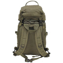 Back view of original Austrian military tactical backpack in olive green with detachable top cover and adjustable straps