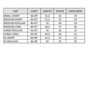 Size chart for Austrian army M65 combat jacket showing chest, length, sleeve, and shoulder measurements in inches.