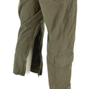 Close-up of olive green Austrian army coverall leg showing zipper and hook and loop fastening details