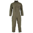 Original Austrian Army olive green ripstop jumpsuit coverall with adjustable waist and hook and loop cuffs for durability.