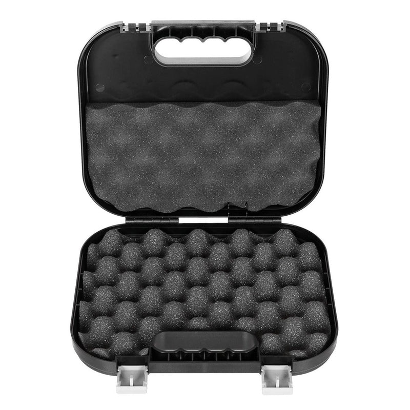 Black hard-shell carrying case with foam interior on a white background