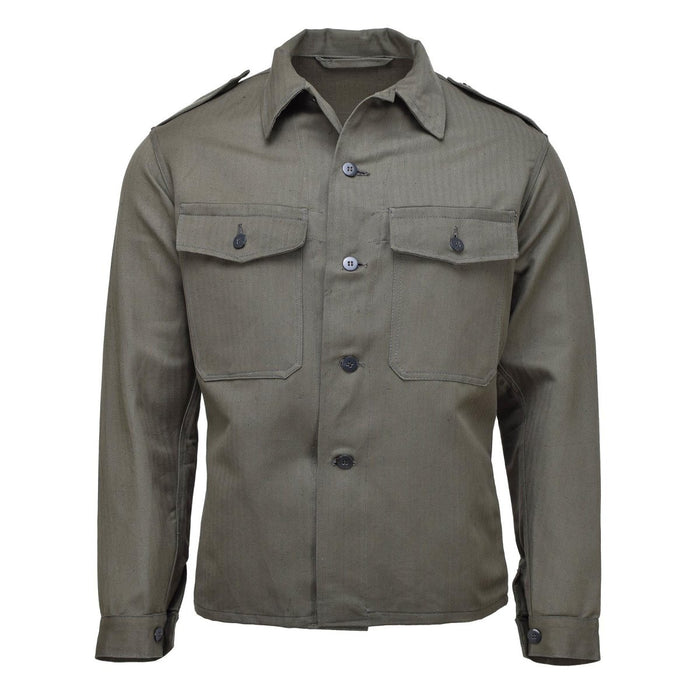 Vintage Austrian M59 field jacket in olive, button-up front with pockets and adjustable cuffs, WWII military shirt jacket.