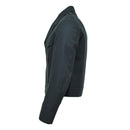 Side view of original Belgian army green wool blouson jacket with buttoned pockets and high waistline design