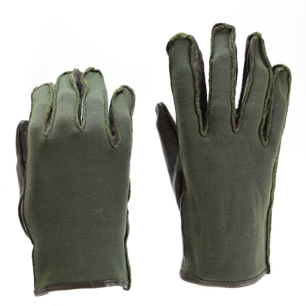 Original Belgian army WWII style combat gloves in olive nylon and leather with reinforced stitching and adjustable wrist straps.