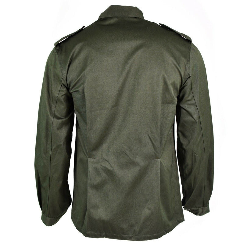 Back view of original Belgian Army olive green field jacket with epaulets and buttoned cuffs.