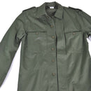 Original Belgian Army olive green field jacket with chest pockets, epaulets, and buttoned cuffs in durable cotton fabric.