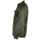 Side view of an original Belgian Army olive green field jacket with chest pocket and buttoned cuffs.