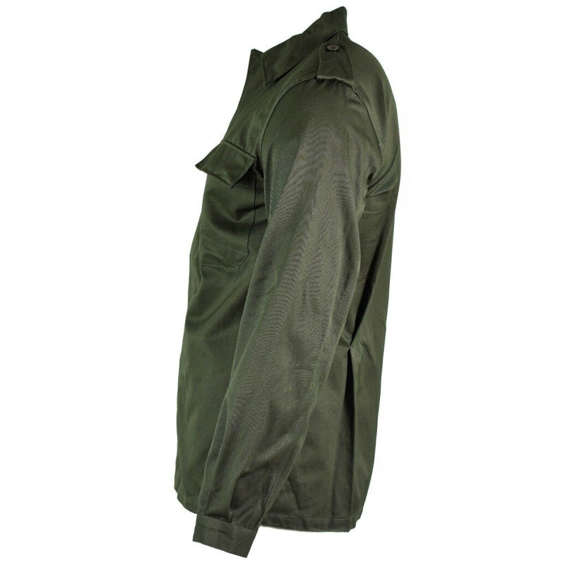 Side view of an original Belgian Army olive green field jacket with chest pocket and buttoned cuffs.