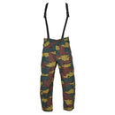 Original Belgian military waterproof pants in jigsaw camo with suspenders and reinforced knees for outdoor use