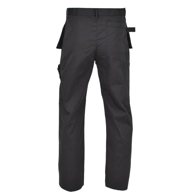 Black Belgian military work cargo pants with reinforced knees and multiple pockets, designed for durability and comfort.