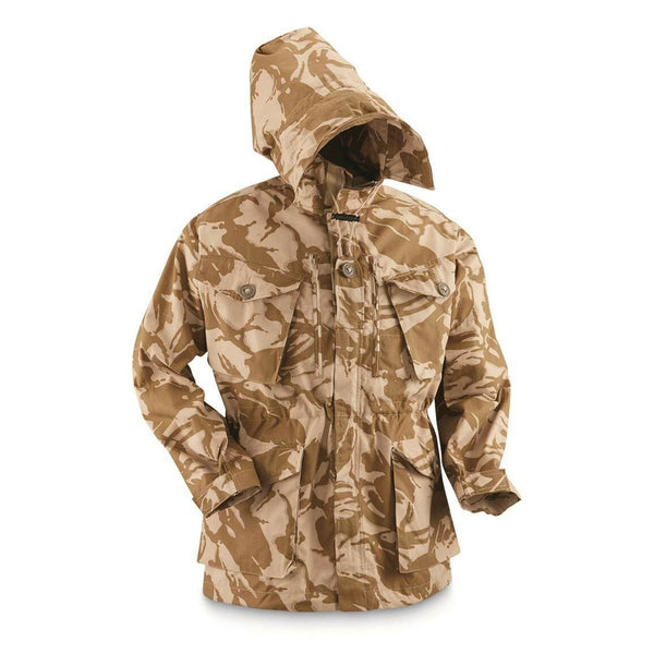 British military desert camo parka jacket with hood, windproof, adjustable waist, and multiple storage pockets.