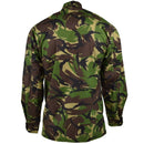 Back view of original British Army DPM woodland combat shirt in green camouflage for outdoor and military use