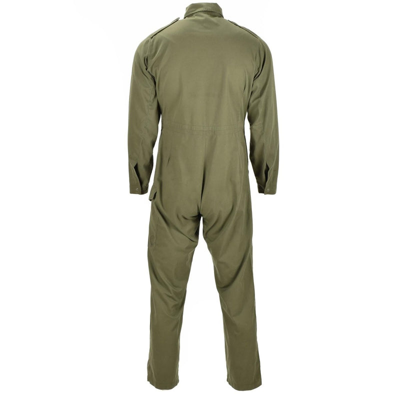 Back view of original British army olive green mechanics jumpsuit coverall with long sleeves and collar