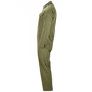 Side view of original British army olive green mechanics coverall jumpsuit with long sleeves and chest pocket