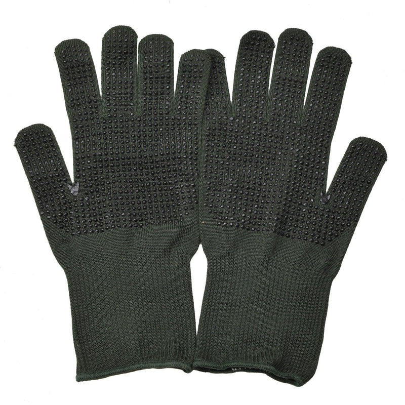 Original British military Nomex gloves in olive green with anti-slip dotted palms for heat and flame resistance.