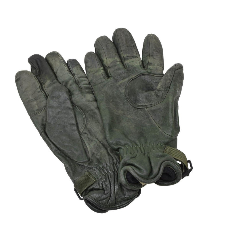 Pair of original British Military MK II leather gloves in dark green with lining for hand protection