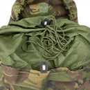 Open original British military tactical backpack in woodland camo showing adjustable green drawstring closure and inner lining.