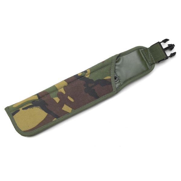 Camouflage-patterned sheath with a strap on a white background