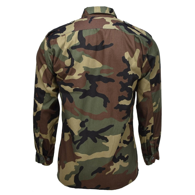 Back view of original Croatian military cotton BDU shirt in woodland camouflage pattern with long sleeves.