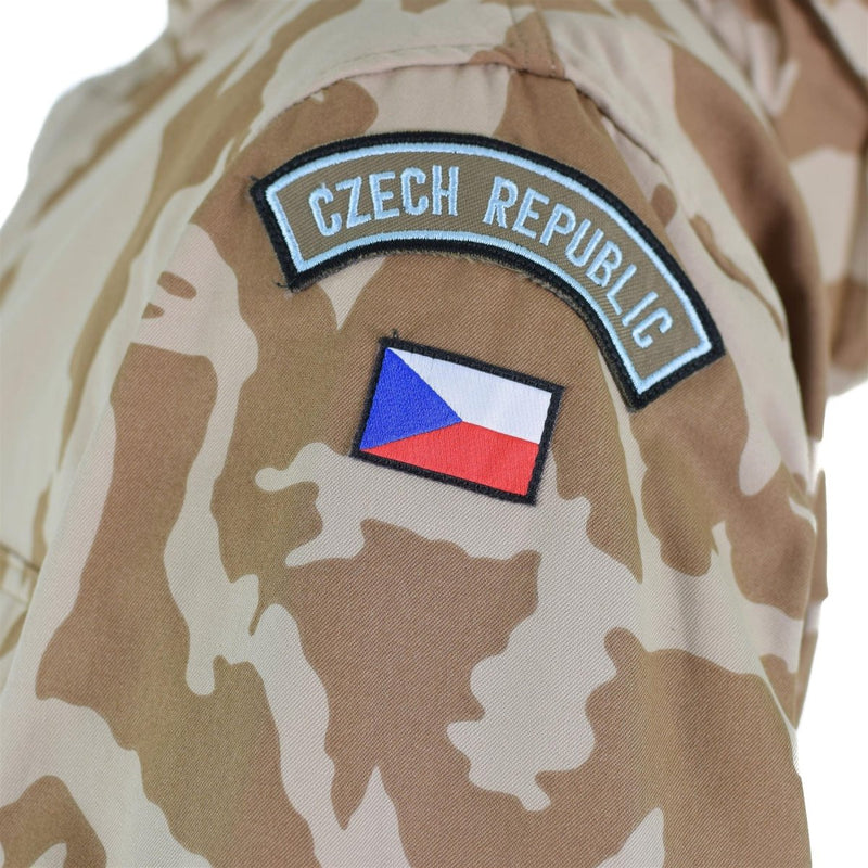 Close-up of Czech Republic patch on desert camo windproof military surplus parka jacket sleeve
