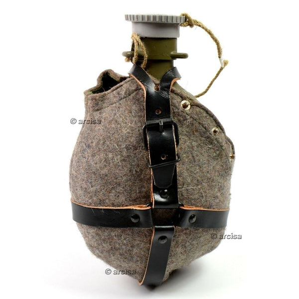 Original Czech Army M60 metal water flask with wool cover and leather straps, vintage military canteen for outdoor use