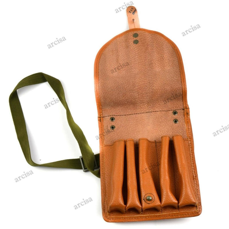Vintage brown Czech military flare gun magazine pouch with green shoulder strap, open to show compartments.