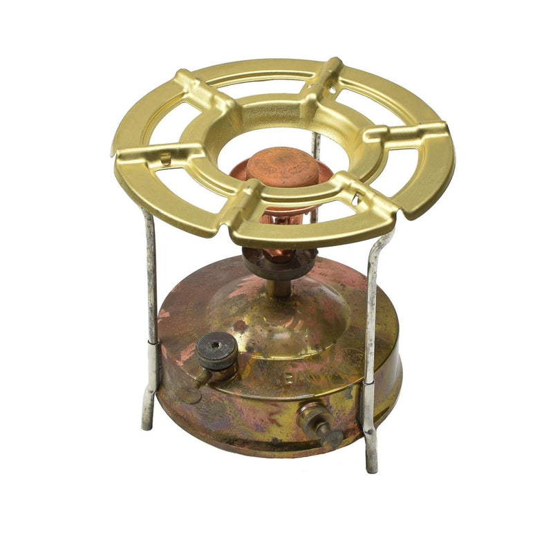 Vintage Czech military Meva liquid fuel camping stove burner with brass pot stand and metal fuel tank