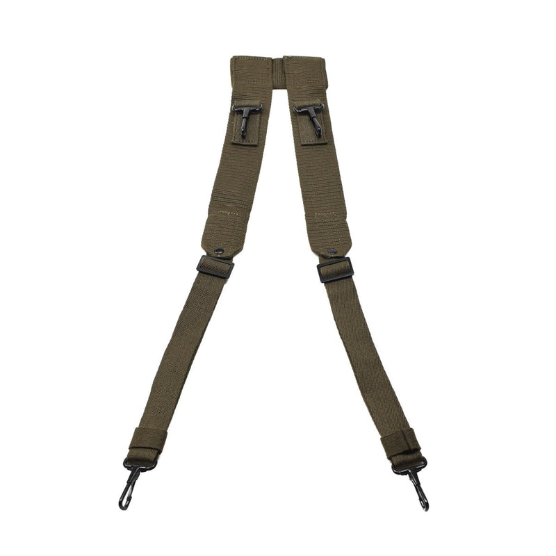 Original Czech military rucksack M60 Y-strap suspenders in olive drab canvas with metal clips for secure fit and durability