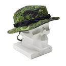 Original Danish M84 camo boonie bucket hat made of durable ripstop fabric with chin strap on white mannequin head