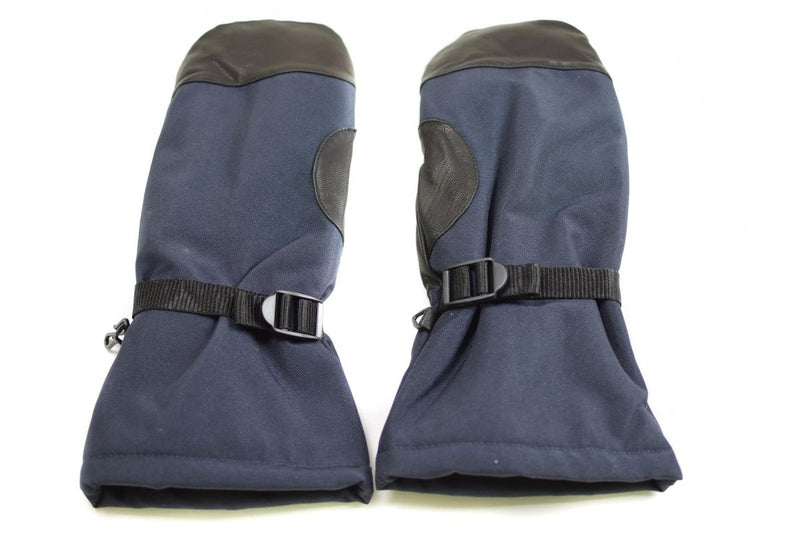 Original Dutch Army navy blue mittens with leather grip and adjustable wrists for extreme cold weather protection.