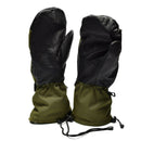 Original Dutch Army olive green Gore-Tex trigger finger mittens with leather palms and adjustable wrist straps for cold, wet conditions.