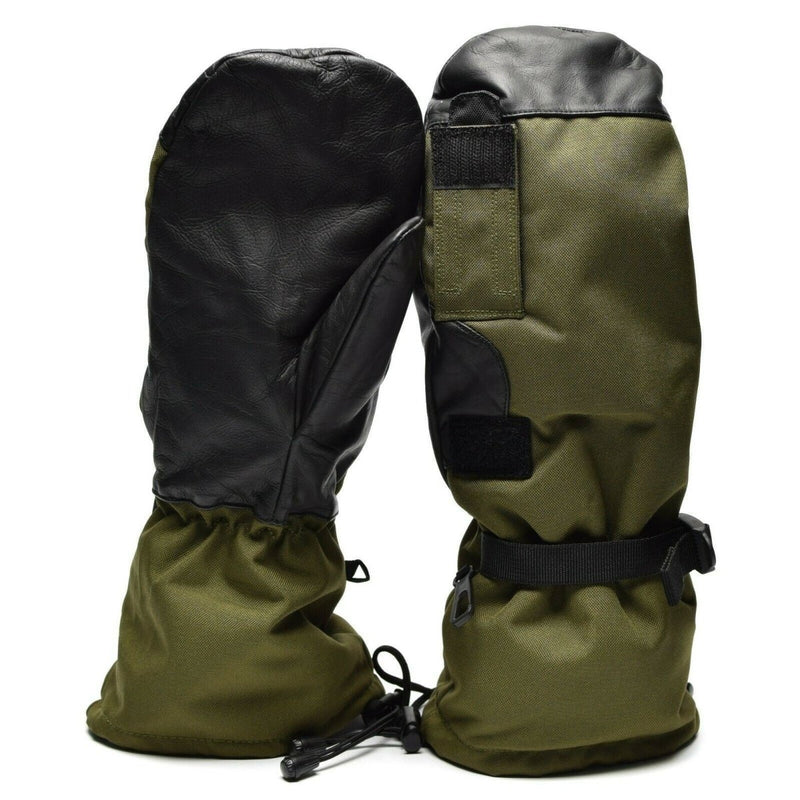 Original Dutch Army olive green Gore-Tex trigger finger mittens with leather palms and adjustable wrist straps for cold, wet conditions.