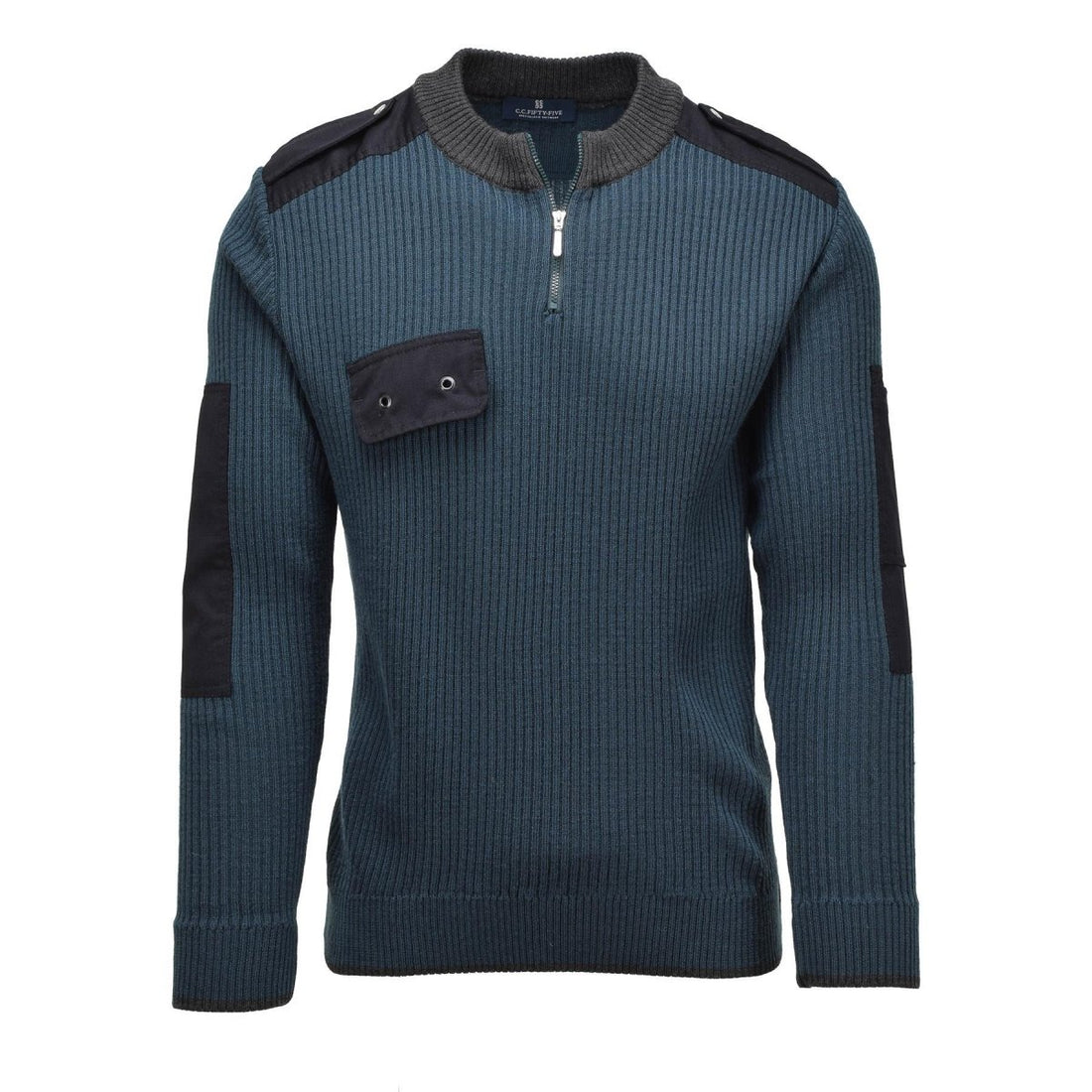 Pull Original Dutch Army en Maille Côtelée Quart Zip Coudes Renforcés Vert Pétrole