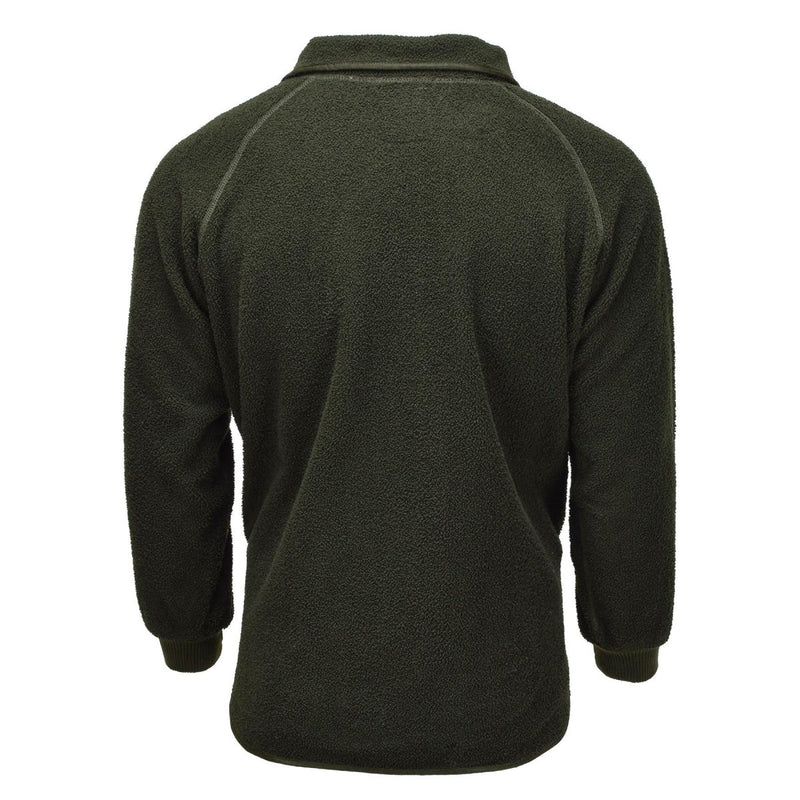 Back view of olive green original Dutch military fleece jacket with soft thermal fabric and elastic cuffs