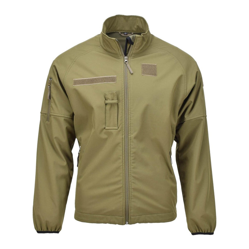 Original Dutch Military soft shell jacket in olive with zippered pockets and vented armpits for breathability and durability