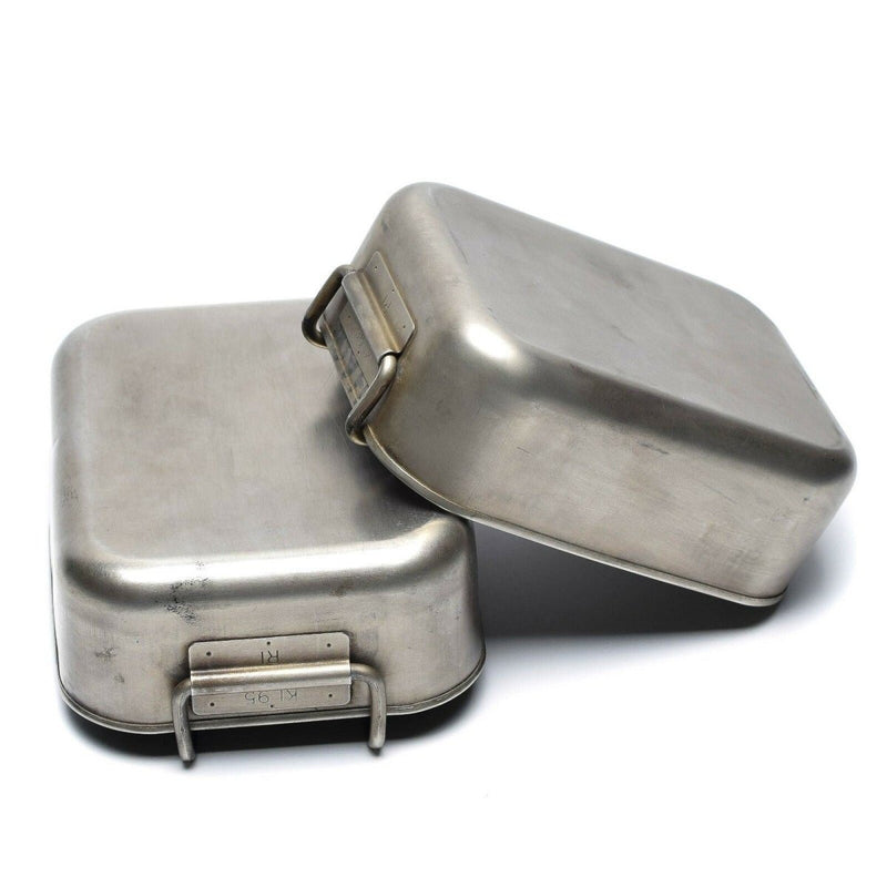 Original Dutch Military stainless steel 2-piece mess kit with nesting design for camping and outdoor cooking.