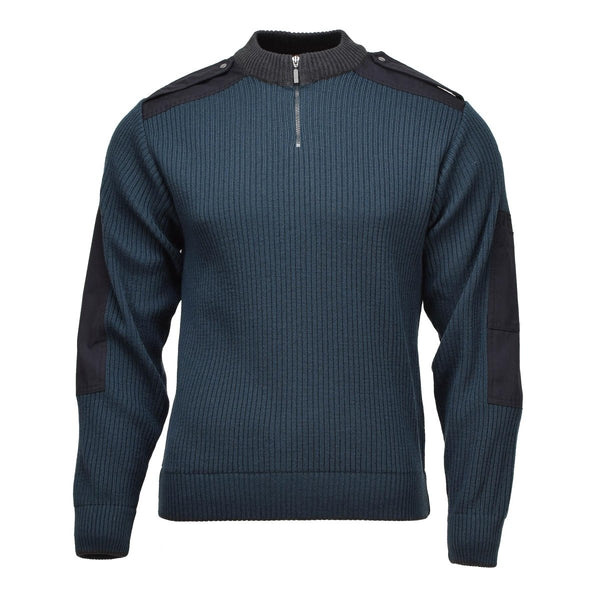 Blue original Dutch military wool-blend rib knit troyer pullover with quarter zip and reinforced elbows.