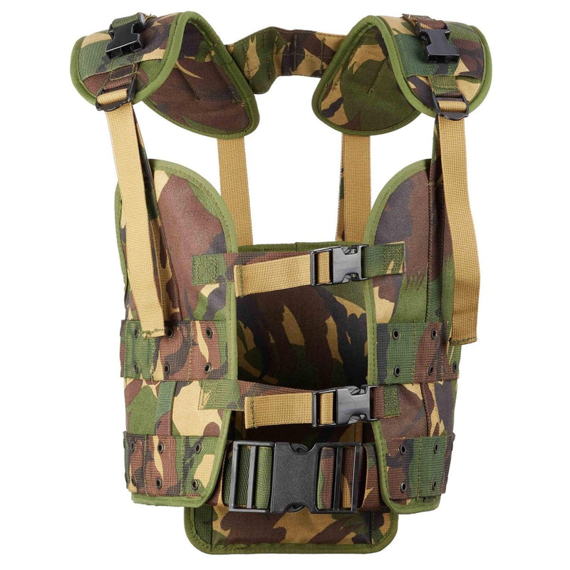 Dutch military tactical vest in woodland camouflage with adjustable straps and Alice-type attachment system for gear.