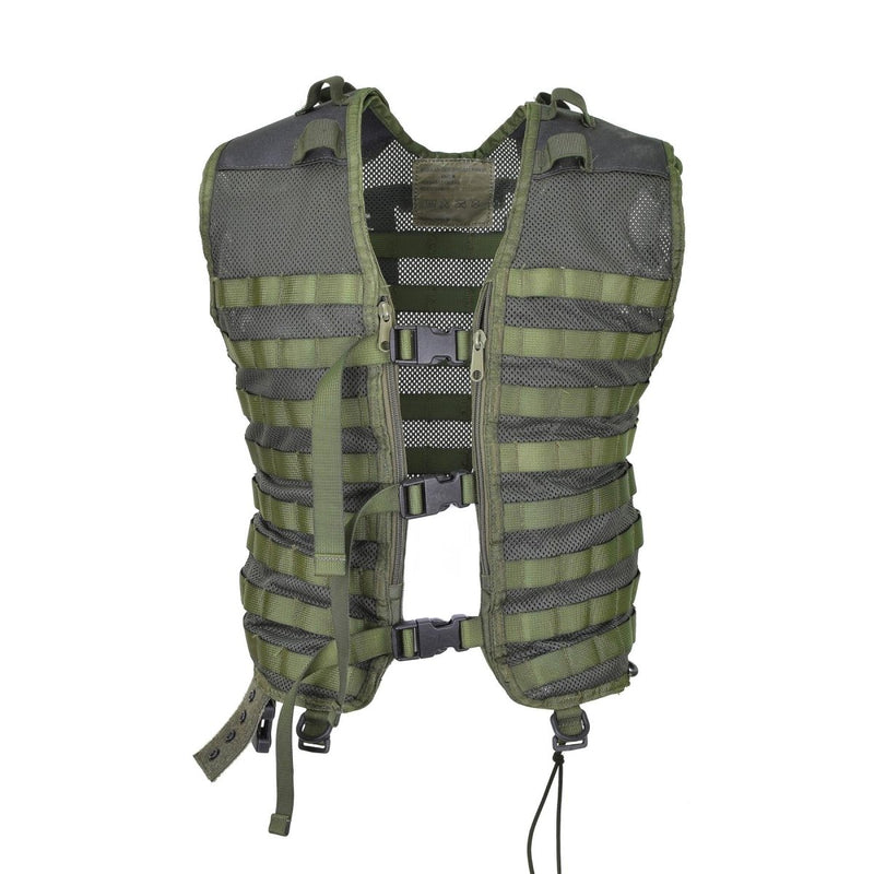 Original Dutch Army green tactical MOLLE vest with reinforced shoulders, adjustable straps, and breathable mesh panels.