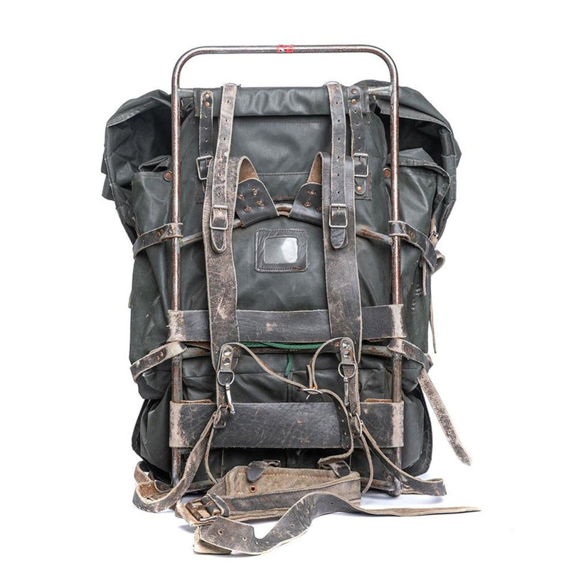 Vintage original Finnish military backpack with metal frame, waterproof 100L large rucksack and leather harness system