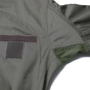 Close-up of durable olive green Original French Air Forces F2 flight suit fabric with ventilation and Velcro patch detail